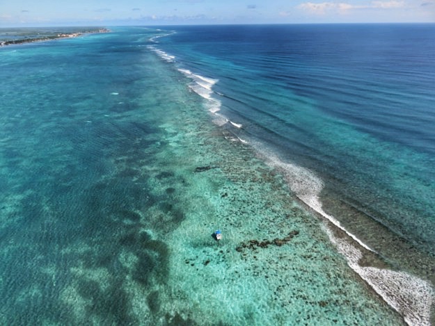 Parasailing over Ambergris Caye - looking north as the reef gets closer to the island