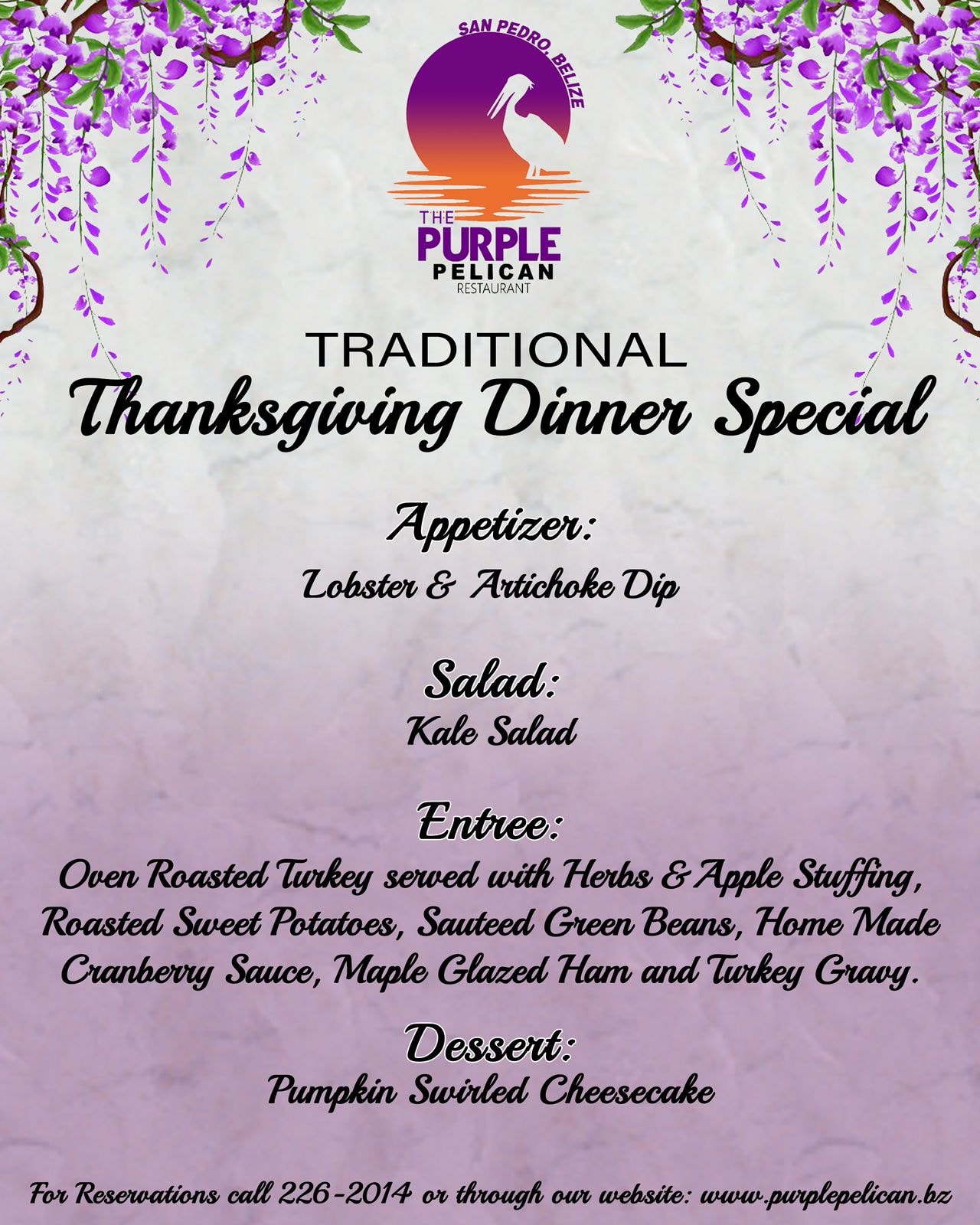 Purple Pelican Thanksgiving Menu