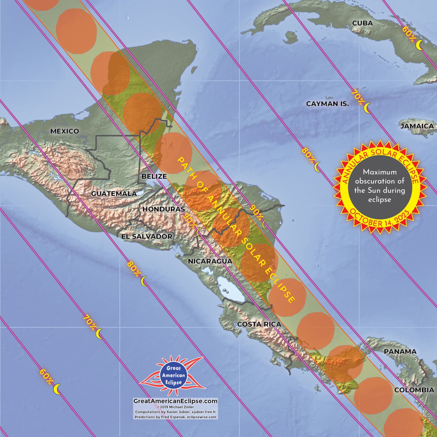 Map of the path of Totality for October 14th eclipse over Belize