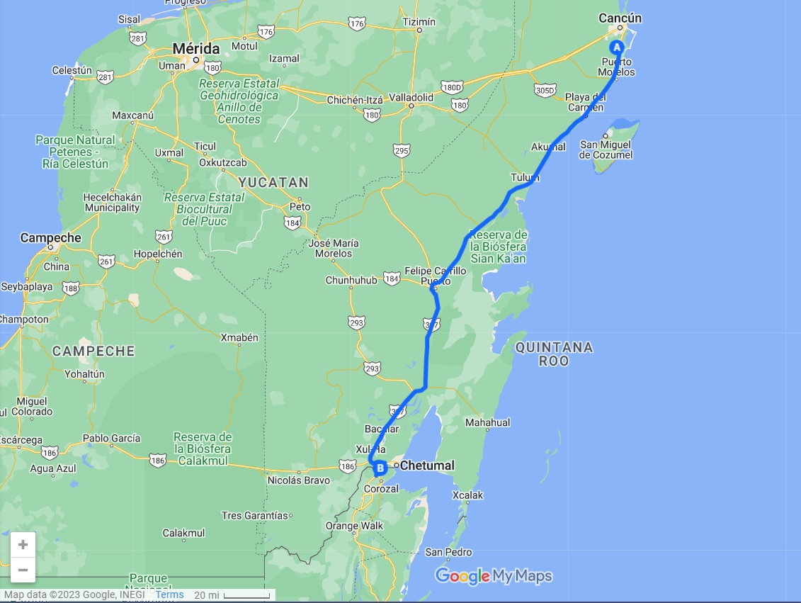 Google Map from Cancun to Belize/Santa Elena Border