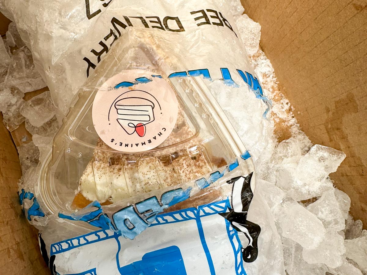 Cheesecake nestled in a bag of martha's ice