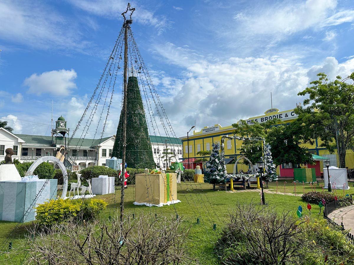 Christmas decorations at the park in downtown Belize City