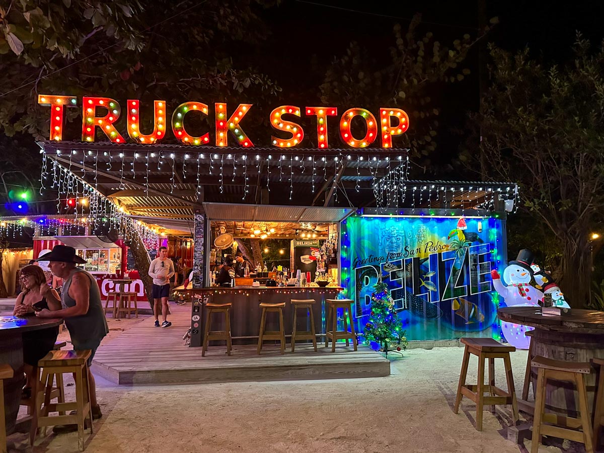The bar at the Truck Stop lit up for the holidays