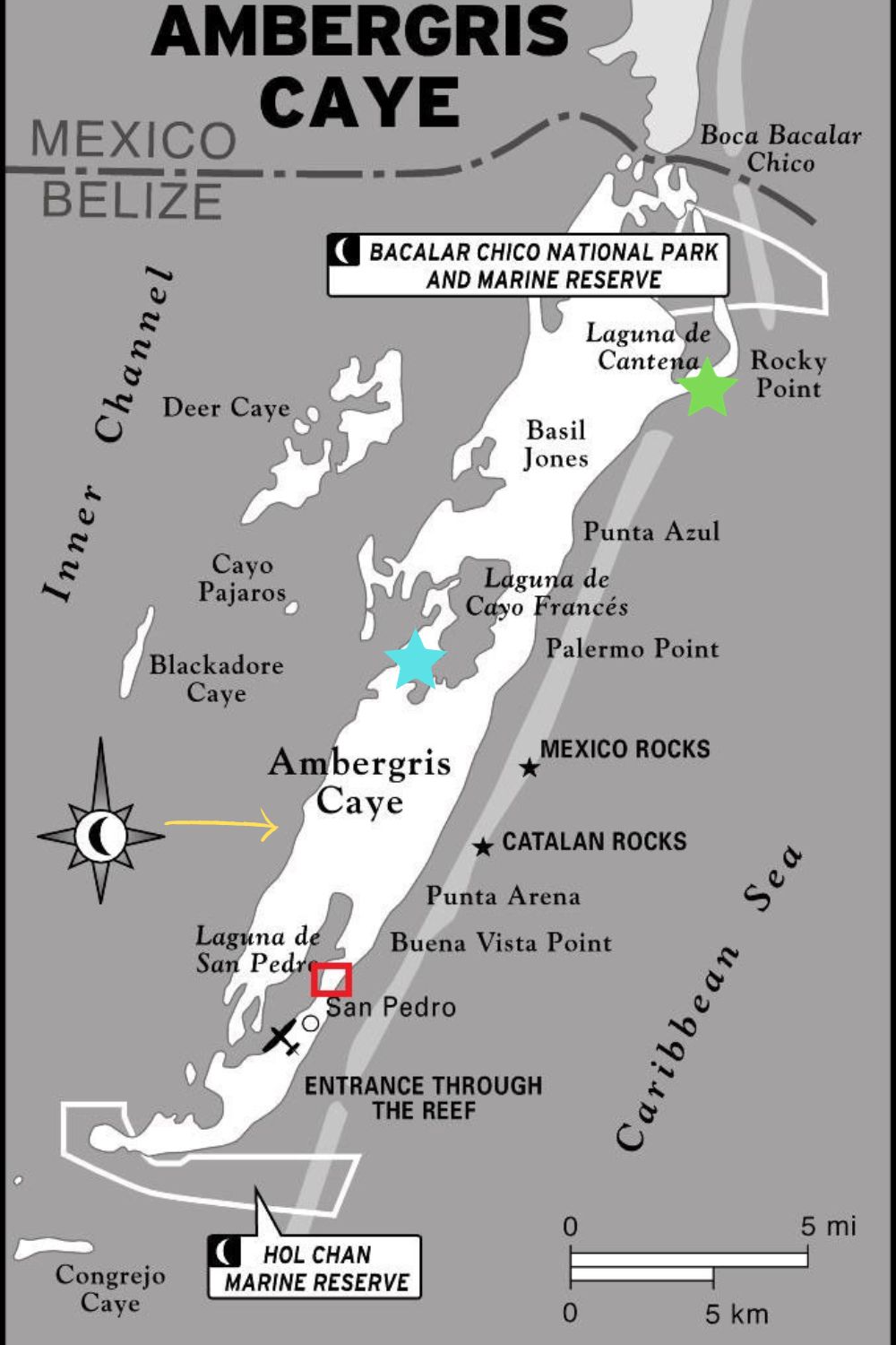 Map of Ambergris Caye and the 2 flyfishing camps