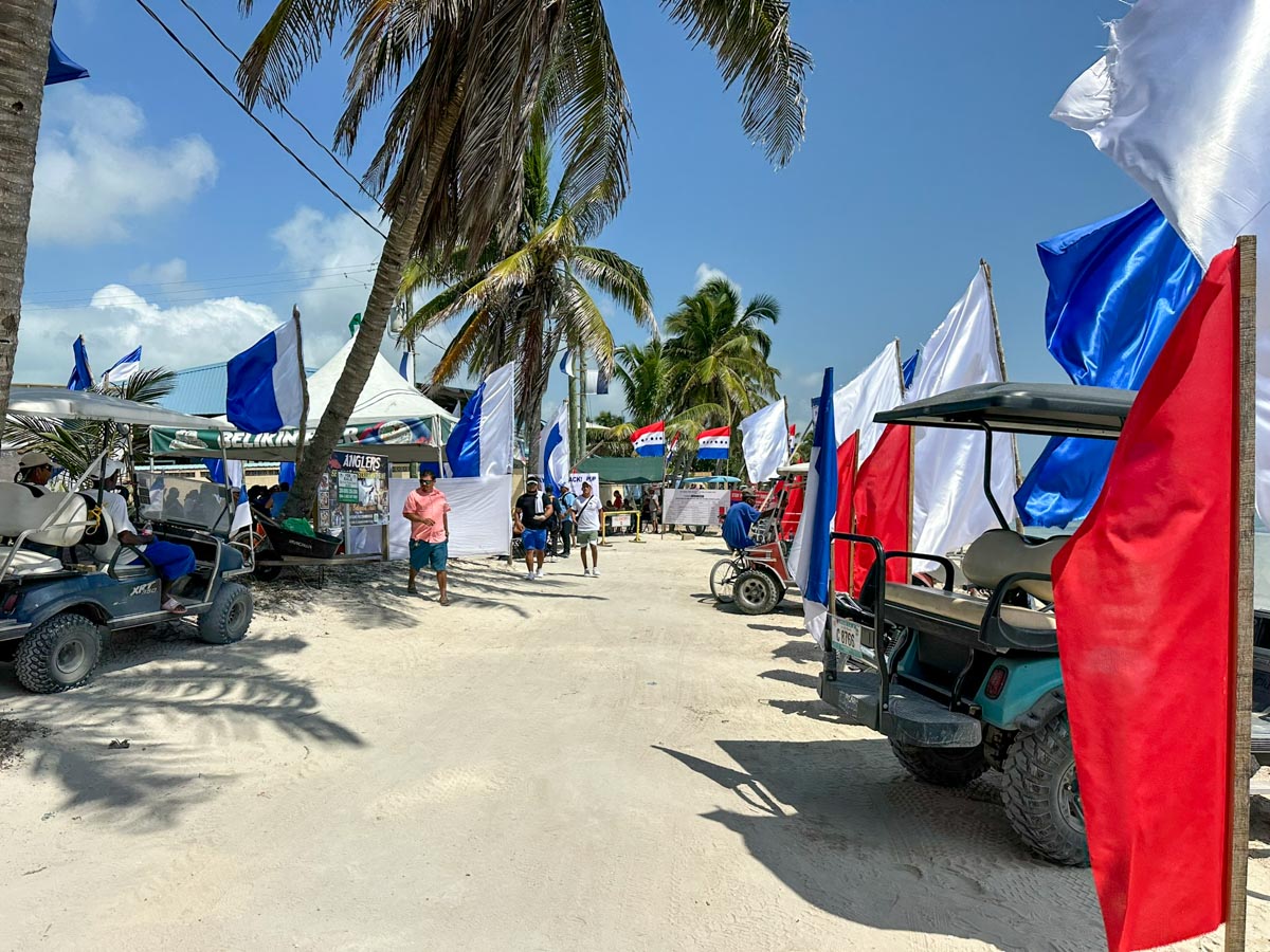 Flags lining the beach by the voting area
