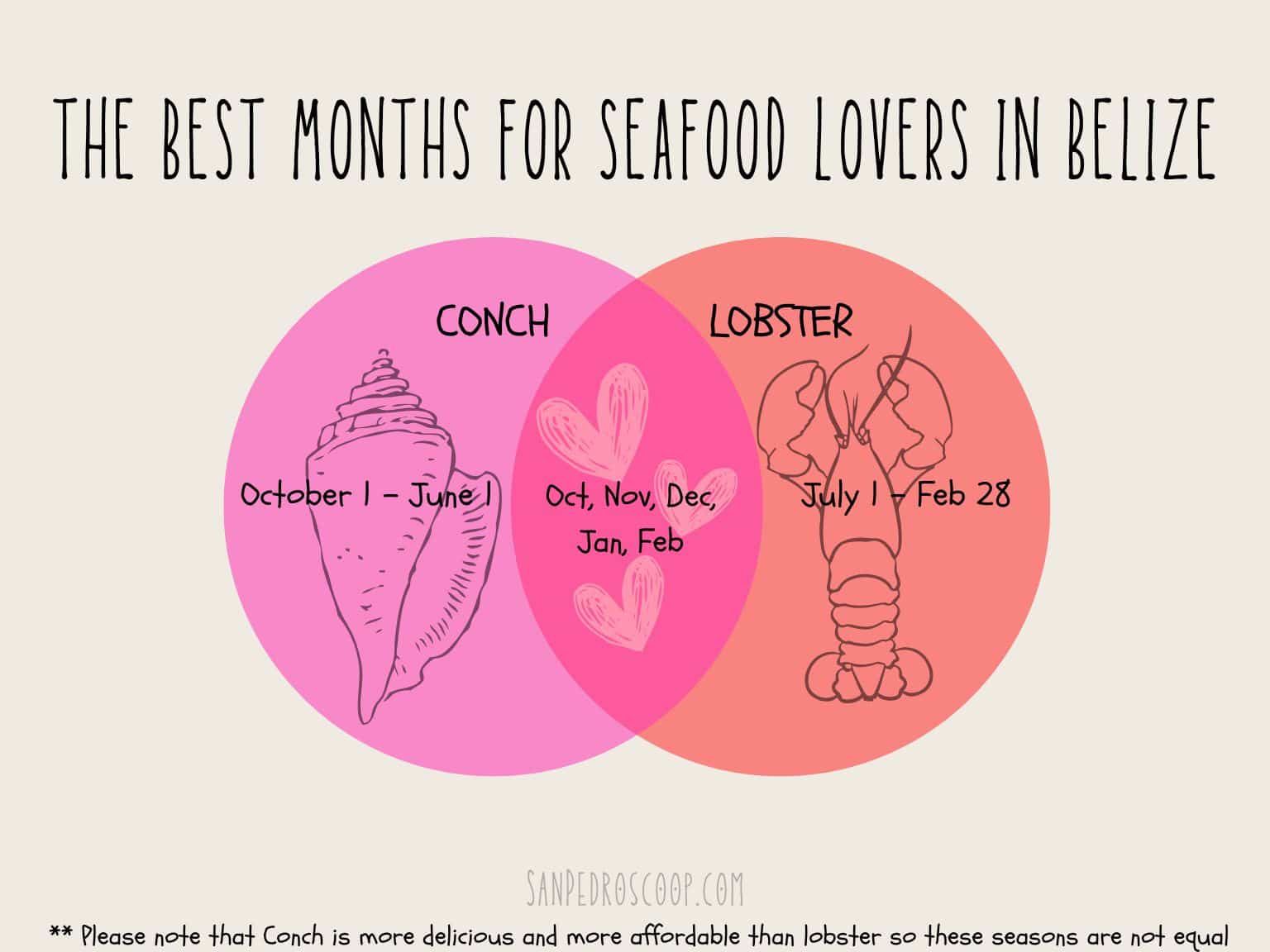 Ven Diagram showing Conch and Lobster seasons in Belize - best months to visit